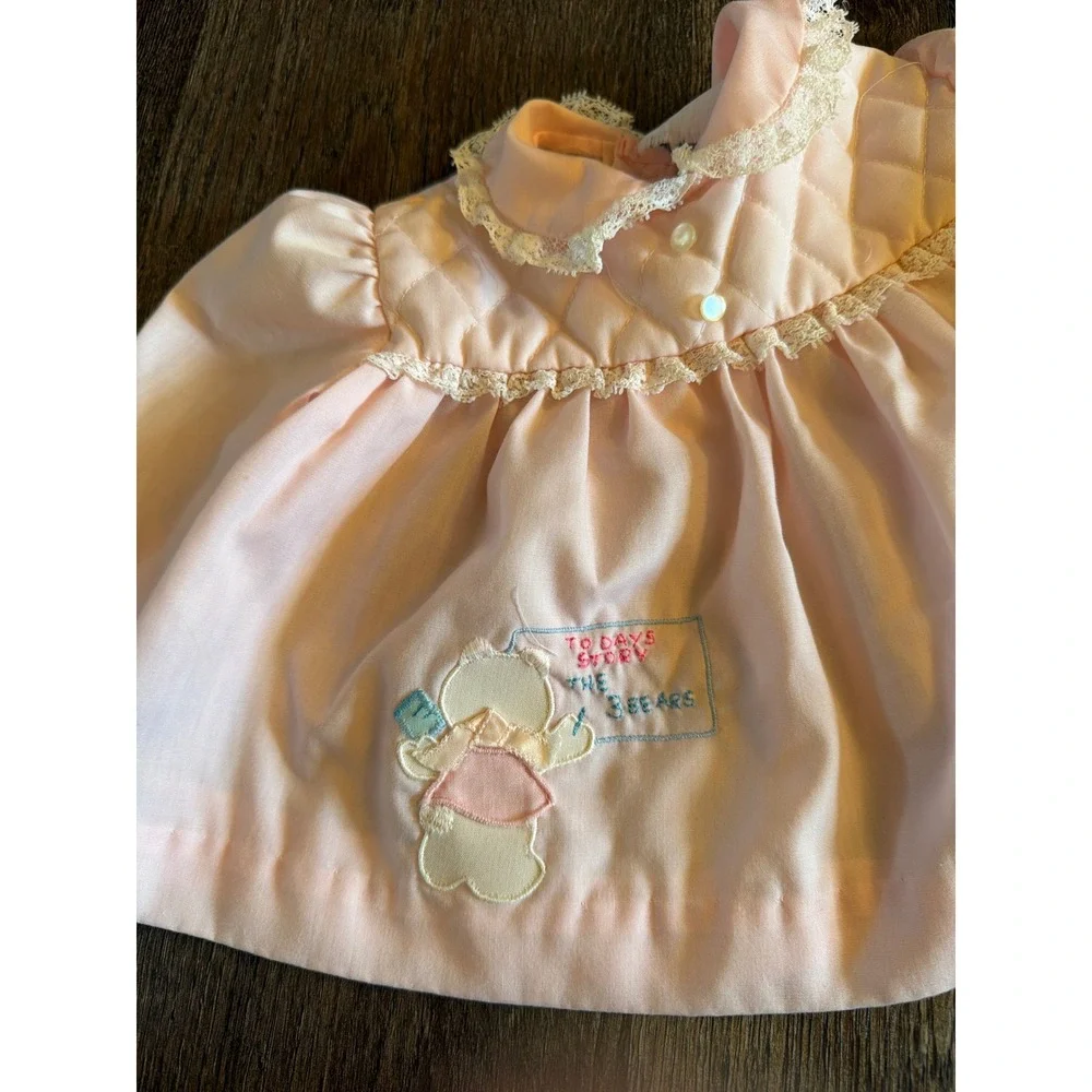 Vintage Nannette Baby Girls Pink Quilted 2 Piece Set Bear Embroidery Lace Trim M